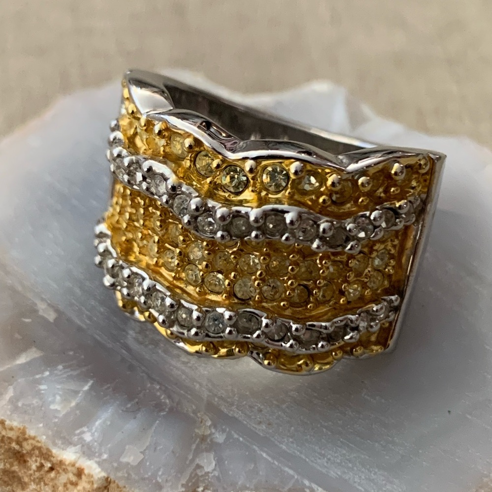 Art Deco Pave Rhinestone Silver Tone Cocktail Ring Size 8